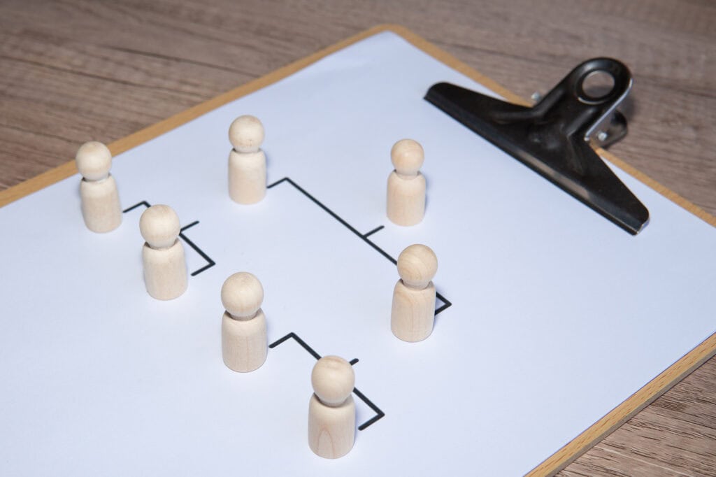 Illustration av trägubbar placerade i ett nätverk – symboliserar ett organisationssystem där roller och relationer samspelar.